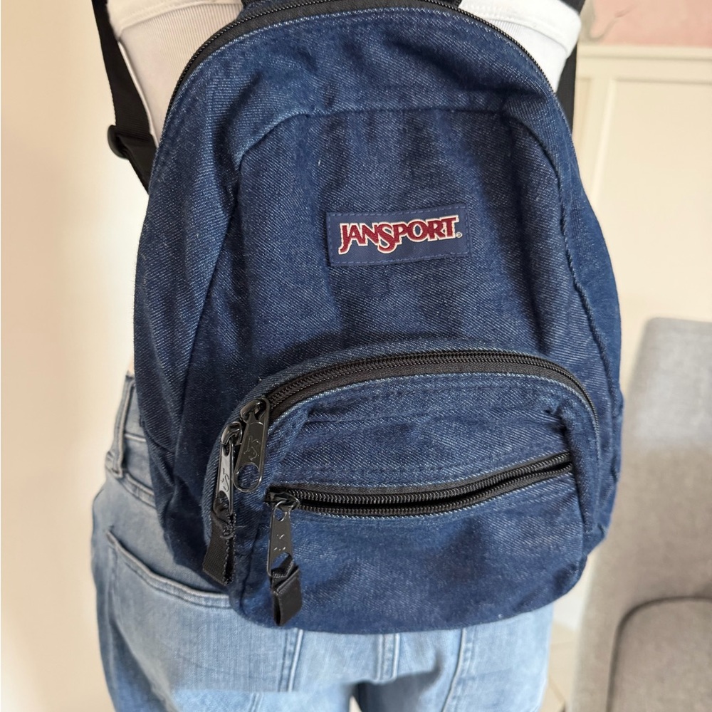 Vintage Y2K JanSport Mini Backpack Small Blue Jean Denim Daypack Micro 3 Pocket